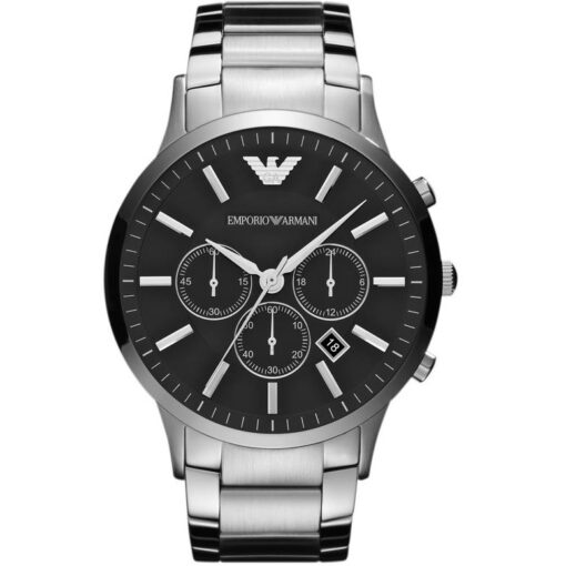 Orologio uomo Emporio Armani AR2460 modello con cassa della dimensione di 46 mm ed è realizzata in acciaio inossidabile con finitura mista di colore silver / acciaio e forma rotonda. La cassa ha spessore di 12 mm, il vetro è trasparente, il colore del quadrante è nero e la ghiera è in acciaio inossidabile con finitura lucida e satinata di colore silver / acciaio. La distanza delle anse di questo orologio è di 24 mm. Il cinturino è in acciaio inossidabile con finitura opaca ed è di colore silver / acciaio. La resistenza all'acqua è di 5 atm. Tipo di orologio e movimento: quarzo/cronografo.