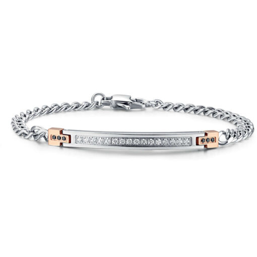 Bracciale uomo Luca Barra BA608 Realizzato in acciaio ip rosè anallergico, piastra centrale con pavè di zirconi bianchi e neri. Chiusura: moschettone. 