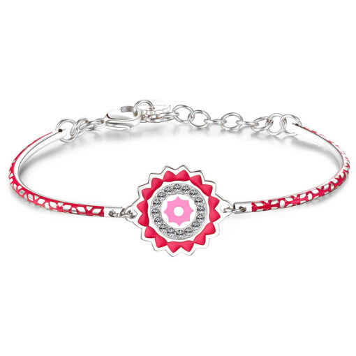 Bracciale donna Brosway Chakra BHK123 realizzato in acciaio con smalti rosa arricchito da swarovski con chiusura a moschettone. Bracciale del diametro di 70 mm e del peso di 6,4 gr.