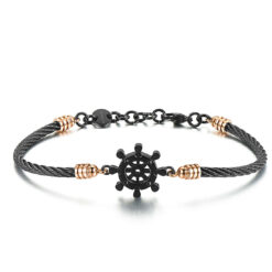 Bracciale uomo Brosway Horizon BHO28  Modello semi-rigido, realizzato in acciaio anallergico e pvd oro rosa, cinturino: a corda intrecciata nero. Soggetto prevalente: un timone. 