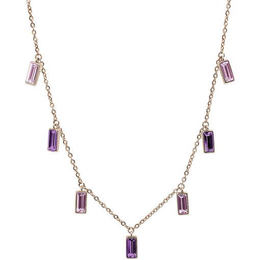 Collana donna Brosway Symphony BYM04 realizzata in acciaio 316l, pvd oro rosa e cristalli swarovski® amethyst e light amethyst. Misura: 440 mm. Peso: 6,5 gr.