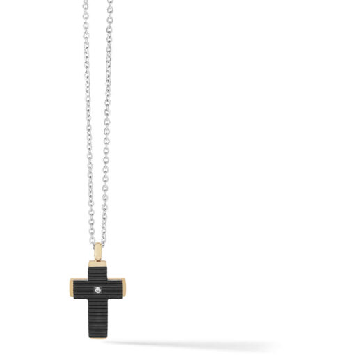 Collana uomo Comete Cross UGL 638 modello girocollo realizzato in acciaio, trattamento pvd nero e rosè e zircone. Pendente a forma di croce