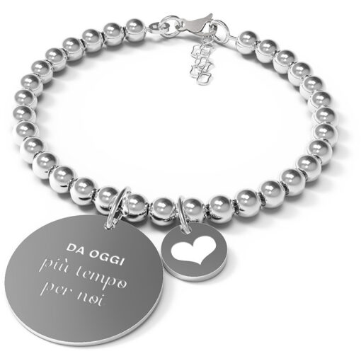 Bracciale donna 10 Buoni Propositi Classic B4517M  Modello Moschettone: Il bracciale è costituito da una serie di sfere montate su un anima di catena di acciaio con chiusura a moschettone (lunghezza 18cm + 3,5 cm di extencion) da cui pendono una medaglia più grande (diametro mm.28) su cui è inciso il buon proposito e una più piccola (diametro mm.12) con l’icona che lo raffigura. Sul retro della medaglia più grande è inciso il logo di annaBIBLO°.