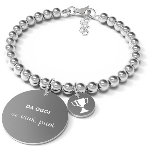 Bracciale donna 10 Buoni Propositi Classic B4867  Modello Moschettone: Il bracciale è costituito da una serie di sfere montate su un anima di catena di acciaio con chiusura a moschettone (lunghezza 18cm + 3,5 cm di extencion) da cui pendono una medaglia più grande (diametro mm.22) su cui è inciso il buon proposito e una più piccola (diametro mm.12) con l’icona che lo raffigura. Sul retro della medaglia più grande è inciso il logo di annaBIBLO°.