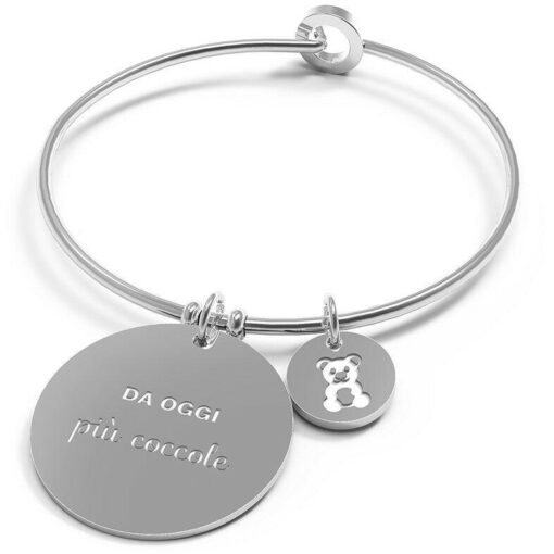 Bracciale donna 10 Buoni Propositi Bangle Medal B4993  Bracciale modello “bangle” apribile in acciaio AISI 304 di altissima qualità (diametro massimo 6,5cm; adatto ad un a polsi di circonferenza fino a 20 cm) da cui pendono una medaglia più grande (diametro mm.28) su cui è inciso il buon proposito e una più piccola (diametro mm.12) con l’icona che lo raffigura. Sul retro della medaglia più grande è inciso il logo di annaBIBLO°.