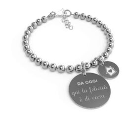 Bracciale donna 10 Buoni Propositi Classic B5266  Modello Moschettone: Il bracciale è costituito da una serie di sfere montate su un anima di catena di acciaio con chiusura a moschettone (lunghezza 18cm + 3,5 cm di extencion) da cui pendono una medaglia più grande (diametro mm.22) su cui è inciso il buon proposito e una più piccola (diametro mm.12) con l’icona che lo raffigura. Sul retro della medaglia più grande è inciso il logo di annaBIBLO°.