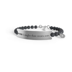 Bracciale uomo 10 Buoni Propositi Stone B5291  Il bracciale “Man ematite” è realizzato con una serie di sfere 6 mm di Ematite naturale montate su catena e collegate ad un elemento centrale costituito da una piastra rettangolare su cui è inciso il Buon proposito. Lateralmente alla piastra è appesa una piccola medaglia tonda 8 mm che porta incisa l’icona corrispondente al proposito e sul retro il logo di annaBIBLO°. Bracciale in acciaio AISI 304 ipoallergenico e ematite. Lunghezza del bracciale: 19 cm + 3,5 cm di extension. Chiusura a moschettone in acciaio.