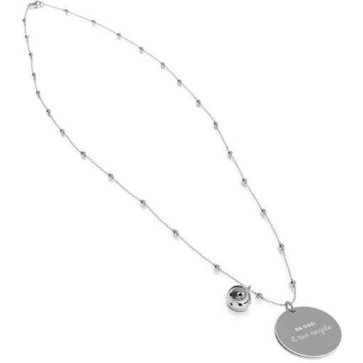 Collana Chiama Angeli 10 Buoni Propositi N8688  La collana è costituita da una lunga catena pallinata (90cm) a cui sono appesi una medaglia diametro mm.28 su cui è incisa la scritta “DA OGGI il tuo angelo” e una campanella in stainless steel mm 15. Sul retro della medaglia è inciso il logo di annaBIBLO°.