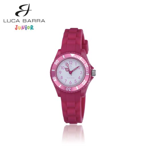 Orologio bambina Luca Barra BW293 Orologio da bambino in silicone fucsia cassa in PVC fucsia quadrante bianco ghiera fucsia dettagli fucsia e bianchi diametro cassa: 28 mm movimento Miyota impermeabilità 5 ATM. 