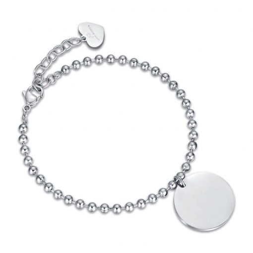 Bracciale donna Luca Barra BK2122 con piastra Realizzato in acciaio anallergico. Possibilità di incisione, richiedere nelle note aggiuntive dopo avere confermato l'ordine. Prezzo incisione 5,00€. Lunghezza: 17 + 3 cm. Diametro piastra: 20 mm.