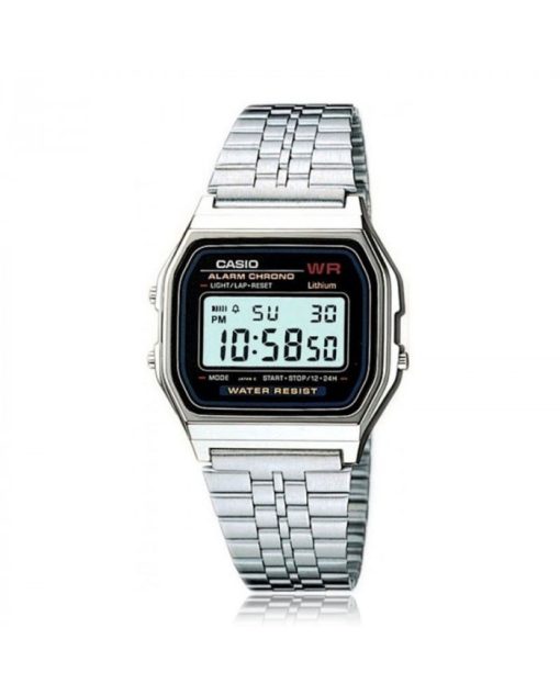 Orologio unisex Casio A159WA-N1DF Movimento: quarzo digitale Funzione: allarme, calendario, cronometro, timer Materiale Cassa: resina Colore Cassa: argento Finitura Cassa: cromato Materiale Cinturino: acciaio Finitura Cinturino: chiusura regolabile Colore Quadrante: nero Dimensioni mm 36,3 x 36,3. 