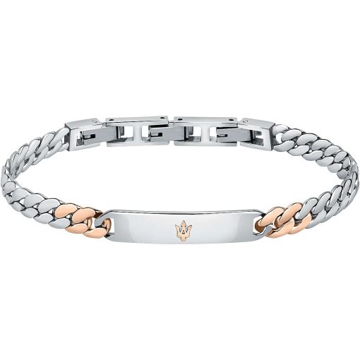 Bracciale uomo Maserati JM222AVD04 Realizzato in acciaio anallergico, Misura: 22cm, Colore: Acciaio, Rose-gold. Peso: 18 gr. Certificato di autenticità: Sì. Confezione: Originale Maserati.