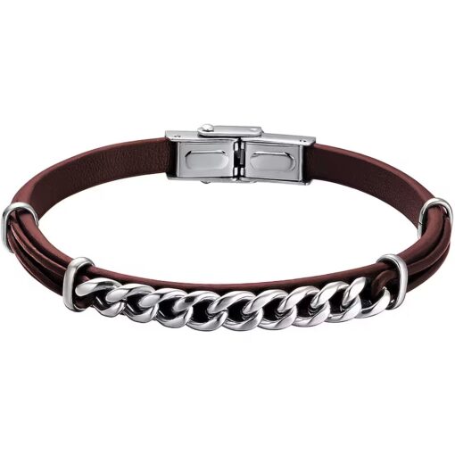 Bracciale uomo Luca Barra BA1384 Materiale: Acciaio, pelle marrone. Lunghezza: Regolabile da 18 a 21cm. Garanzia: 2 anni ufficiale Luca Barra.