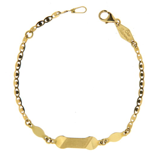 Bracciale Bimbo da Incisione in Oro Giallo 18KT (750) BRB12 Questo gioiello fa parte di tutta quella merce in Oro 18kt, realizzata o venduta nel nostro store! La vendita di gioielli in Oro 18kt è uno dei nostri punti forti da molti anni, tutta la nostra merce è accompagnata dal certificato di garanzia, il punzone 750. L'anellino presente nel terminale del bracciale consente di regolare la misura del bracciale. Lunghezza: 14,50cm. Dimensione Targa: 1,60cm X  0,04cm. Garanzia: Laboratorio Orafo Taormina Gioielli. Confezione: Confezione Taormina Gioielli.