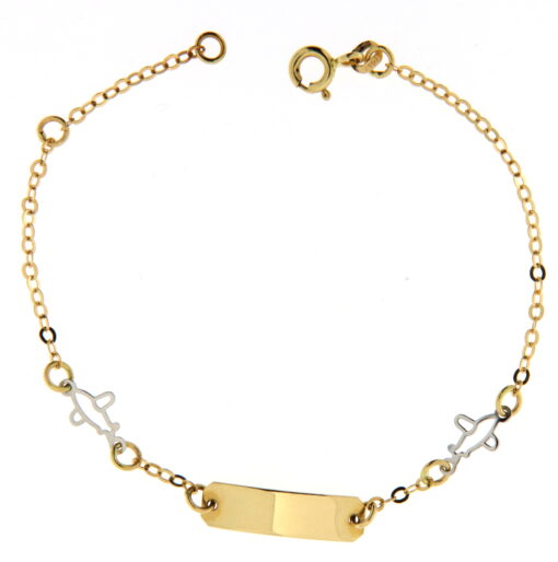 Bracciale Bimbo da Incisione Bicolore in Oro 18KT (750) BRB15 Questo gioiello fa parte di tutta quella merce in Oro 18kt, realizzata o venduta nel nostro store! La vendita di gioielli in Oro 18kt è uno dei nostri punti forti da molti anni, tutta la nostra merce è accompagnata dal certificato di garanzia, il punzone 750. L'anellino presente nel terminale del bracciale consente di regolare la misura del bracciale. Lunghezza: 16,00cm. Dimensione Targa: 1,60cm X  0,05cm. Garanzia: Laboratorio Orafo Taormina Gioielli. Confezione: Confezione Taormina Gioielli.