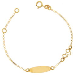 Bracciale Bimbo da Incisione Giallo in Oro 18KT (750) BRB21 Questo gioiello fa parte di tutta quella merce in Oro 18kt, realizzata o venduta nel nostro store! La vendita di gioielli in Oro 18kt è uno dei nostri punti forti da molti anni, tutta la nostra merce è accompagnata dal certificato di garanzia, il punzone 750. L'anellino presente nel terminale del bracciale consente di regolare la misura del bracciale. Lunghezza: 14,00cm. Dimensione Targa: 1,60cm X  0,05cm. Garanzia: Laboratorio Orafo Taormina Gioielli. Confezione: Confezione Taormina Gioielli.