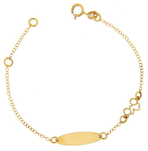 Bracciale Bimbo da Incisione Giallo in Oro 18KT (750) BRB21 Questo gioiello fa parte di tutta quella merce in Oro 18kt, realizzata o venduta nel nostro store! La vendita di gioielli in Oro 18kt è uno dei nostri punti forti da molti anni, tutta la nostra merce è accompagnata dal certificato di garanzia, il punzone 750. L'anellino presente nel terminale del bracciale consente di regolare la misura del bracciale. Lunghezza: 14,00cm. Dimensione Targa: 1,60cm X  0,05cm. Garanzia: Laboratorio Orafo Taormina Gioielli. Confezione: Confezione Taormina Gioielli.