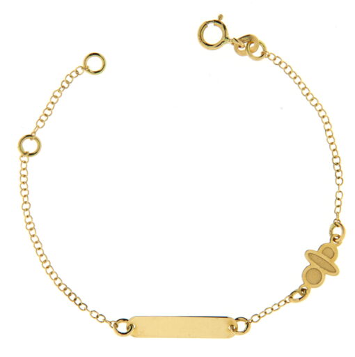 Bracciale Bimbo da Incisione Giallo in Oro 18KT (750) BRB22 Questo gioiello fa parte di tutta quella merce in Oro 18kt, realizzata o venduta nel nostro store! La vendita di gioielli in Oro 18kt è uno dei nostri punti forti da molti anni, tutta la nostra merce è accompagnata dal certificato di garanzia, il punzone 750. L'anellino presente nel terminale del bracciale consente di regolare la misura del bracciale. Lunghezza: 14,00cm. Dimensione Targa: 1,60cm X  0,04cm. Garanzia: Laboratorio Orafo Taormina Gioielli. Confezione: Confezione Taormina Gioielli.