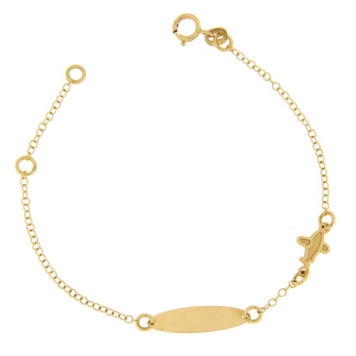 Bracciale Bimbo da Incisione Giallo in Oro 18KT (750) BRB26 Questo gioiello fa parte di tutta quella merce in Oro 18kt, realizzata o venduta nel nostro store! La vendita di gioielli in Oro 18kt è uno dei nostri punti forti da molti anni, tutta la nostra merce è accompagnata dal certificato di garanzia, il punzone 750. L'anellino presente nel terminale del bracciale consente di regolare la misura del bracciale. Lunghezza: 14,00cm. Dimensione Targa: 1,60cm X  0,05cm. Garanzia: Laboratorio Orafo Taormina Gioielli. Confezione: Confezione Taormina Gioielli.