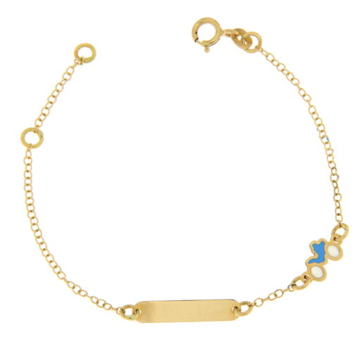 Bracciale Bimbo da Incisione Giallo in Oro 18KT (750) BRB34 Questo gioiello fa parte di tutta quella merce in Oro 18kt, realizzata o venduta nel nostro store! La vendita di gioielli in Oro 18kt è uno dei nostri punti forti da molti anni, tutta la nostra merce è accompagnata dal certificato di garanzia, il punzone 750. L'anellino presente nel terminale del bracciale consente di regolare la misura del bracciale. Lunghezza: 14,00cm. Dimensione Targa: 1,60cm X  0,05cm. Colore: Smalto Celeste. Garanzia: Laboratorio Orafo Taormina Gioielli. Confezione: Confezione Taormina Gioielli.