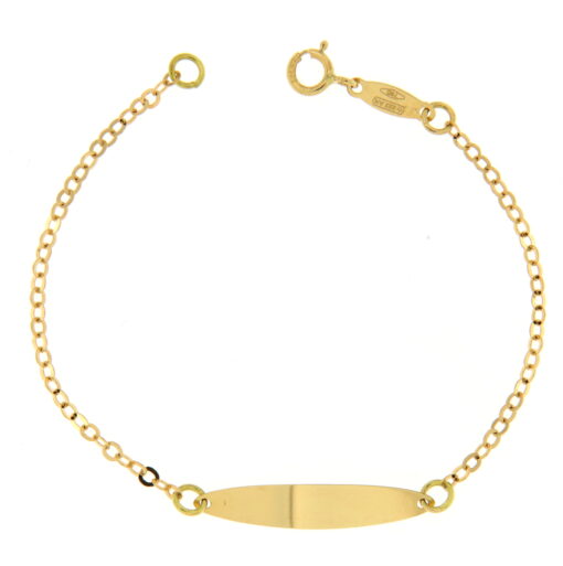 Bracciale Bimbo da Incisione Giallo in Oro 18KT (750) BRB35 Questo gioiello fa parte di tutta quella merce in Oro 18kt, realizzata o venduta nel nostro store! La vendita di gioielli in Oro 18kt è uno dei nostri punti forti da molti anni, tutta la nostra merce è accompagnata dal certificato di garanzia, il punzone 750. Lunghezza: 13,00cm. Dimensione Targa: 2,00cm X  0,05cm. Garanzia: Laboratorio Orafo Taormina Gioielli. Confezione: Confezione Taormina Gioielli.