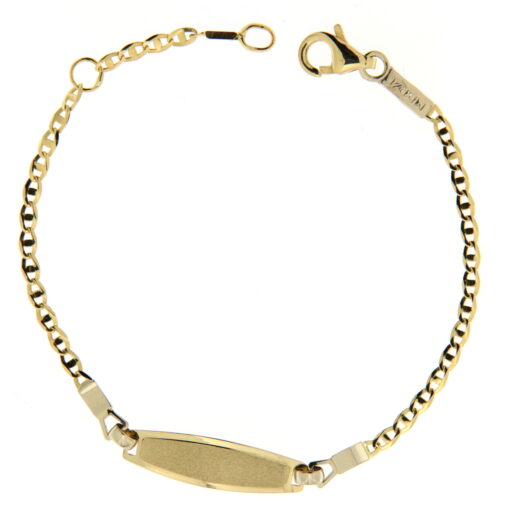 Bracciale Bimbo da Incisione in Oro Giallo 18KT (750) BRB4 Questo gioiello fa parte di tutta quella merce in Oro 18kt, realizzata o venduta nel nostro store! La vendita di gioielli in Oro 18kt è uno dei nostri punti forti da molti anni, tutta la nostra merce è accompagnata dal certificato di garanzia, il punzone 750. L'anellino presente nel terminale del bracciale consente di regolare la misura del bracciale. Lunghezza: 14,50cm. Dimensione Targa: 1,90cm X  0,05cm. Garanzia: Laboratorio Orafo Taormina Gioielli. Confezione: Confezione Taormina Gioielli.