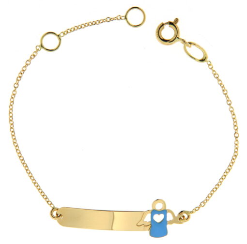 Bracciale Bimbo da Incisione in Oro Giallo 18KT (750) BRB7 Questo gioiello fa parte di tutta quella merce in Oro 18kt, realizzata o venduta nel nostro store! La vendita di gioielli in Oro 18kt è uno dei nostri punti forti da molti anni, tutta la nostra merce è accompagnata dal certificato di garanzia, il punzone 750. L'anellino presente nel terminale del bracciale consente di regolare la misura del bracciale. Lunghezza: 13,00cm. Dimensione Targa: 2,30cm X  0,04cm. Colore: Smalto Celeste. Garanzia: Laboratorio Orafo Taormina Gioielli. Confezione: Confezione Taormina Gioielli.