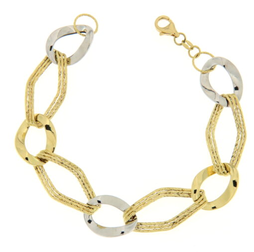 Bracciale donna Catena in Oro Bicolore 18KT (750) Questo gioiello fa parte di tutta quella merce in Oro 18kt, realizzata o venduta nel nostro store! La vendita di gioielli in Oro 18kt è uno dei nostri punti forti da molti anni, tutta la nostra merce è accompagnata dal certificato di garanzia, e il punzone 750. Peso: 7,10gr. Lunghezza: 19,50cm. Larghezza: 1,30cm. Garanzia: Laboratorio Orafo Taormina Gioielli. Confezione: Confezione Taormina Gioielli.