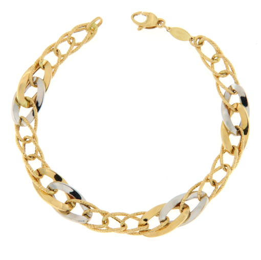 Bracciale donna Catena in Oro Bicolore 18KT (750) Questo gioiello fa parte di tutta quella merce in Oro 18kt, realizzata o venduta nel nostro store! La vendita di gioielli in Oro 18kt è uno dei nostri punti forti da molti anni, tutta la nostra merce è accompagnata dal certificato di garanzia, e il punzone 750. Peso: 6,40gr. Lunghezza: 21cm. Larghezza: 0,90cm. Garanzia: Laboratorio Orafo Taormina Gioielli. Confezione: Confezione Taormina Gioielli.