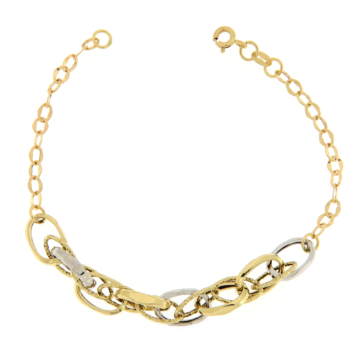 Bracciale donna Catena in Oro Bicolore 18KT (750) Questo gioiello fa parte di tutta quella merce in Oro 18kt, realizzata o venduta nel nostro store! La vendita di gioielli in Oro 18kt è uno dei nostri punti forti da molti anni, tutta la nostra merce è accompagnata dal certificato di garanzia, e il punzone 750. Peso: 2,90gr. Lunghezza: 19cm. Garanzia: Laboratorio Orafo Taormina Gioielli. Confezione: Confezione Taormina Gioielli.