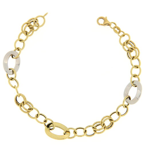 Bracciale donna Catena in Oro Bicolore 18KT (750) Questo gioiello fa parte di tutta quella merce in Oro 18kt, realizzata o venduta nel nostro store! La vendita di gioielli in Oro 18kt è uno dei nostri punti forti da molti anni, tutta la nostra merce è accompagnata dal certificato di garanzia, e il punzone 750. Peso: 3,50gr. Lunghezza: 19,50cm. Garanzia: Laboratorio Orafo Taormina Gioielli. Confezione: Confezione Taormina Gioielli.