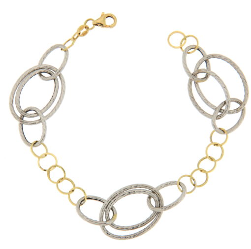 Bracciale donna Catena in Oro Bicolore 18KT (750) BRD14 Questo gioiello fa parte di tutta quella merce in Oro 18kt, realizzata o venduta nel nostro store! La vendita di gioielli in Oro 18kt è uno dei nostri punti forti da molti anni, tutta la nostra merce è accompagnata dal certificato di garanzia, e il punzone 750. Lunghezza: 20,00cm. Peso: 6,70gr. Larghezza: 1,60cm. Garanzia: Laboratorio Orafo Taormina Gioielli. Confezione: Confezione Taormina Gioielli.