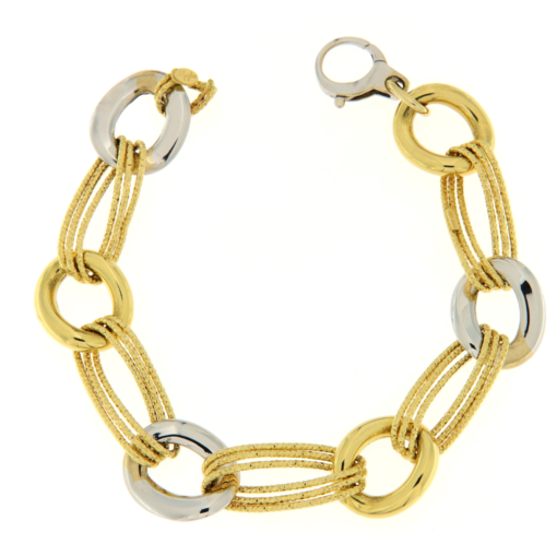 Bracciale donna Catena in Oro Bicolore 18KT (750) Questo gioiello fa parte di tutta quella merce in Oro 18kt, realizzata o venduta nel nostro store! La vendita di gioielli in Oro 18kt è uno dei nostri punti forti da molti anni, tutta la nostra merce è accompagnata dal certificato di garanzia, e il punzone 750. Lunghezza: 19,50cm. Peso: 10,30gr. Larghezza: 1,50cm. Garanzia: Laboratorio Orafo Taormina Gioielli. Confezione: Confezione Taormina Gioielli.