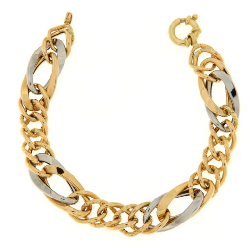 Bracciale donna Catena in Oro Bicolore 18KT (750) Questo gioiello fa parte di tutta quella merce in Oro 18kt, realizzata o venduta nel nostro store! La vendita di gioielli in Oro 18kt è uno dei nostri punti forti da molti anni, tutta la nostra merce è accompagnata dal certificato di garanzia, e il punzone 750. Lunghezza: 19,50cm. Peso: 11,90gr. Larghezza: 1,30cm. Garanzia: Laboratorio Orafo Taormina Gioielli. Confezione: Confezione Taormina Gioielli.