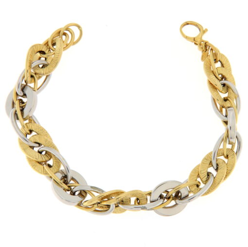 Bracciale donna Catena in Oro Bicolore 18KT (750) Questo gioiello fa parte di tutta quella merce in Oro 18kt, realizzata o venduta nel nostro store! La vendita di gioielli in Oro 18kt è uno dei nostri punti forti da molti anni, tutta la nostra merce è accompagnata dal certificato di garanzia, e il punzone 750. Lunghezza: 20,50cm. Peso: 15,50gr. Larghezza: 1,20cm. Garanzia: Laboratorio Orafo Taormina Gioielli. Confezione: Confezione Taormina Gioielli.