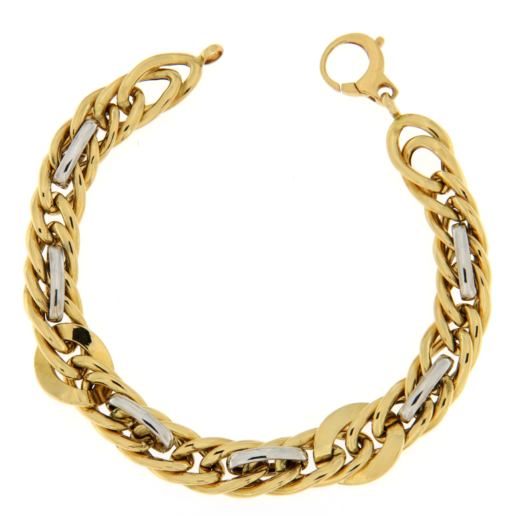 Bracciale donna Catena in Oro Bicolore 18KT (750) Questo gioiello fa parte di tutta quella merce in Oro 18kt, realizzata o venduta nel nostro store! La vendita di gioielli in Oro 18kt è uno dei nostri punti forti da molti anni, tutta la nostra merce è accompagnata dal certificato di garanzia, e il punzone 750. Lunghezza: 21,00cm. Peso: 12,40gr. Larghezza: 1,50cm. Garanzia: Laboratorio Orafo Taormina Gioielli. Confezione: Confezione Taormina Gioielli.