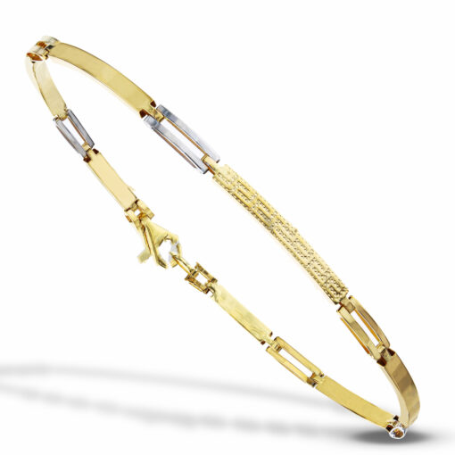 Bracciale uomo Scatolato in Oro Bicolore 18KT (750) Questo gioiello fa parte di tutta quella merce in Oro 18kt, realizzata o venduta nel nostro store! La vendita di gioielli in Oro 18kt è uno dei nostri punti forti da molti anni, tutta la nostra merce è accompagnata dal certificato di garanzia, e il punzone 750. Lunghezza: 21cm. Larghezza: 0,40cm. Chiusura: Moschettone. Garanzia: Laboratorio Orafo Taormina Gioielli. Confezione: Confezione Taormina Gioielli.