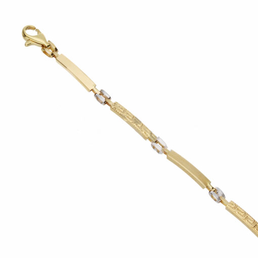 Bracciale uomo Scatolato in Oro Bicolore 18KT (750) Questo gioiello fa parte di tutta quella merce in Oro 18kt, realizzata o venduta nel nostro store! La vendita di gioielli in Oro 18kt è uno dei nostri punti forti da molti anni, tutta la nostra merce è accompagnata dal certificato di garanzia, e il punzone 750. Lunghezza: 21cm. Larghezza: 0,40cm. Chiusura: Moschettone. Garanzia: Laboratorio Orafo Taormina Gioielli. Confezione: Confezione Taormina Gioielli.