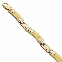 Bracciale uomo Scatolato in Oro Bicolore 18KT (750) Questo gioiello fa parte di tutta quella merce in Oro 18kt, realizzata o venduta nel nostro store! La vendita di gioielli in Oro 18kt è uno dei nostri punti forti da molti anni, tutta la nostra merce è accompagnata dal certificato di garanzia, e il punzone 750. Lunghezza: 20,50cm. Larghezza: 0,80cm. Chiusura: Moschettone. Garanzia: Laboratorio Orafo Taormina Gioielli. Confezione: Confezione Taormina Gioielli.