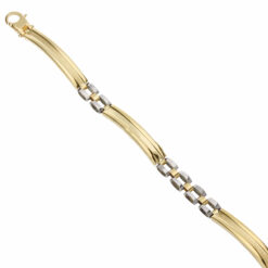 Bracciale uomo Scatolato in Oro Bicolore 18KT (750) Questo gioiello fa parte di tutta quella merce in Oro 18kt, realizzata o venduta nel nostro store! La vendita di gioielli in Oro 18kt è uno dei nostri punti forti da molti anni, tutta la nostra merce è accompagnata dal certificato di garanzia, e il punzone 750. Lunghezza: 20,5cm. Larghezza: 0,60cm. Chiusura: Moschettone. Garanzia: Laboratorio Orafo Taormina Gioielli. Confezione: Confezione Taormina Gioielli.