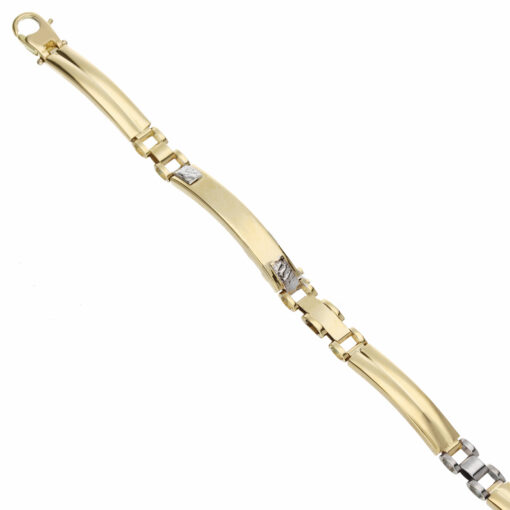 Bracciale uomo Scatolato in Oro Bicolore 18KT (750) Questo gioiello fa parte di tutta quella merce in Oro 18kt, realizzata o venduta nel nostro store! La vendita di gioielli in Oro 18kt è uno dei nostri punti forti da molti anni, tutta la nostra merce è accompagnata dal certificato di garanzia, e il punzone 750. Lunghezza: 20,5cm. Larghezza: 0,60cm. Chiusura: Moschettone. Garanzia: Laboratorio Orafo Taormina Gioielli. Confezione: Confezione Taormina Gioielli.