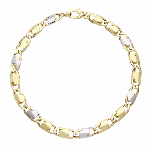 Bracciale uomo Karisma in Oro Bicolore 18KT (750) Questo gioiello fa parte di tutta quella merce in Oro 18kt, realizzata o venduta nel nostro store! La vendita di gioielli in Oro 18kt è uno dei nostri punti forti da molti anni, tutta la nostra merce è accompagnata dal certificato di garanzia, e il punzone 750. Lunghezza: 21cm. Larghezza: 0,70cm. Chiusura: Moschettone. Garanzia: Laboratorio Orafo Taormina Gioielli. Confezione: Confezione Taormina Gioielli.