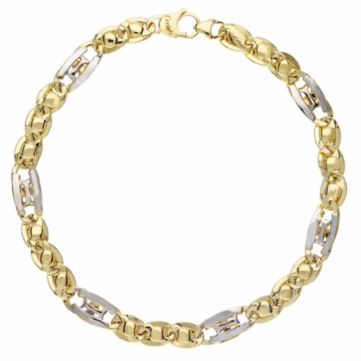 Bracciale uomo Cerini in Oro Bicolore 18KT (750) Questo gioiello fa parte di tutta quella merce in Oro 18kt, realizzata o venduta nel nostro store! La vendita di gioielli in Oro 18kt è uno dei nostri punti forti da molti anni, tutta la nostra merce è accompagnata dal certificato di garanzia, e il punzone 750. Lunghezza: 21cm. Larghezza: 0,70cm. Chiusura: Moschettone. Garanzia: Laboratorio Orafo Taormina Gioielli. Confezione: Confezione Taormina Gioielli.