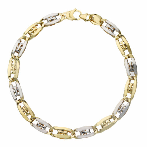 Bracciale uomo Cerini in Oro Bicolore 18KT (750) Questo gioiello fa parte di tutta quella merce in Oro 18kt, realizzata o venduta nel nostro store! La vendita di gioielli in Oro 18kt è uno dei nostri punti forti da molti anni, tutta la nostra merce è accompagnata dal certificato di garanzia, e il punzone 750. Lunghezza: 21cm. Larghezza: 0,70cm. Chiusura: Moschettone. Garanzia: Laboratorio Orafo Taormina Gioielli. Confezione: Confezione Taormina Gioielli.