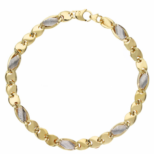 Bracciale uomo Cerini in Oro Bicolore 18KT (750) Questo gioiello fa parte di tutta quella merce in Oro 18kt, realizzata o venduta nel nostro store! La vendita di gioielli in Oro 18kt è uno dei nostri punti forti da molti anni, tutta la nostra merce è accompagnata dal certificato di garanzia, e il punzone 750. Lunghezza: 21cm. Larghezza: 0,70cm. Chiusura: Moschettone. Garanzia: Laboratorio Orafo Taormina Gioielli. Confezione: Confezione Taormina Gioielli.