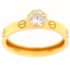 Anello donna Solitario modello Cartier in Oro Giallo 18KT e Zircone  Realizzato in Oro750‰ (18KT) Pietre: Zirconi bianchi. Garanzia: Laboratorio orafo Taormina Gioielli. Confezione: Regalo, intestata Taormina Gioielli. Per quanto riguarda la misura:  Il prodotto potrebbe non essere disponibile nella misura scelta, informarsi sulla disponibilità delle misure prima dell'acquisto.