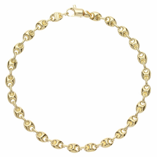 Bracciale uomo Maglia Marinara in Oro Giallo 18KT (750) Questo gioiello fa parte di tutta quella merce in Oro 18kt, realizzata o venduta nel nostro store! La vendita di gioielli in Oro 18kt è uno dei nostri punti forti da molti anni, tutta la nostra merce è accompagnata dal certificato di garanzia, e il punzone 750. Lunghezza: 20cm. Larghezza: 0,60cm. Chiusura: Moschettone. Garanzia: Laboratorio Orafo Taormina Gioielli. Confezione: Confezione Taormina Gioielli.