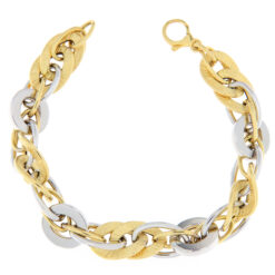 Bracciale donna Catena in Oro Bicolore 18KT (750) Questo gioiello fa parte di tutta quella merce in Oro 18kt, realizzata o venduta nel nostro store! La vendita di gioielli in Oro 18kt è uno dei nostri punti forti da molti anni, tutta la nostra merce è accompagnata dal certificato di garanzia, e il punzone 750. Lunghezza: 20,50cm. Larghezza: 1,50cm. Chiusura: Moschettone. Garanzia: Laboratorio Orafo Taormina Gioielli. Confezione: Confezione Taormina Gioielli.