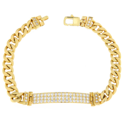 Bracciale donna Grumetta in Oro Giallo 18KT (750) Questo gioiello fa parte di tutta quella merce in Oro 18kt, realizzata o venduta nel nostro store! La vendita di gioielli in Oro 18kt è uno dei nostri punti forti da molti anni, tutta la nostra merce è accompagnata dal certificato di garanzia, e il punzone 750. Lunghezza: 210cm. Larghezza: 1cm. Chiusura: Moschettone. Pietre: Zirconi bianchi.  Garanzia: Laboratorio Orafo Taormina Gioielli. Confezione: Confezione Taormina Gioielli.