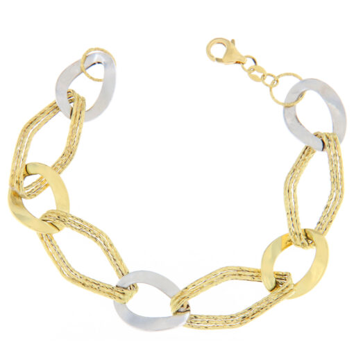 Bracciale donna Catena in Oro Bicolore 18KT (750) Questo gioiello fa parte di tutta quella merce in Oro 18kt, realizzata o venduta nel nostro store! La vendita di gioielli in Oro 18kt è uno dei nostri punti forti da molti anni, tutta la nostra merce è accompagnata dal certificato di garanzia, e il punzone 750. Lunghezza: 20cm. Larghezza: 1,50cm. Chiusura: Moschettone. Garanzia: Laboratorio Orafo Taormina Gioielli. Confezione: Confezione Taormina Gioielli.